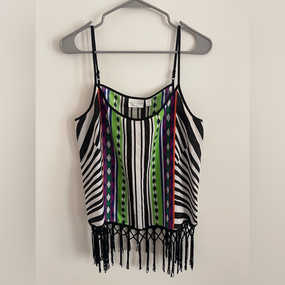 Bisou Bisou Black and White Striped Camisole with Fringe
